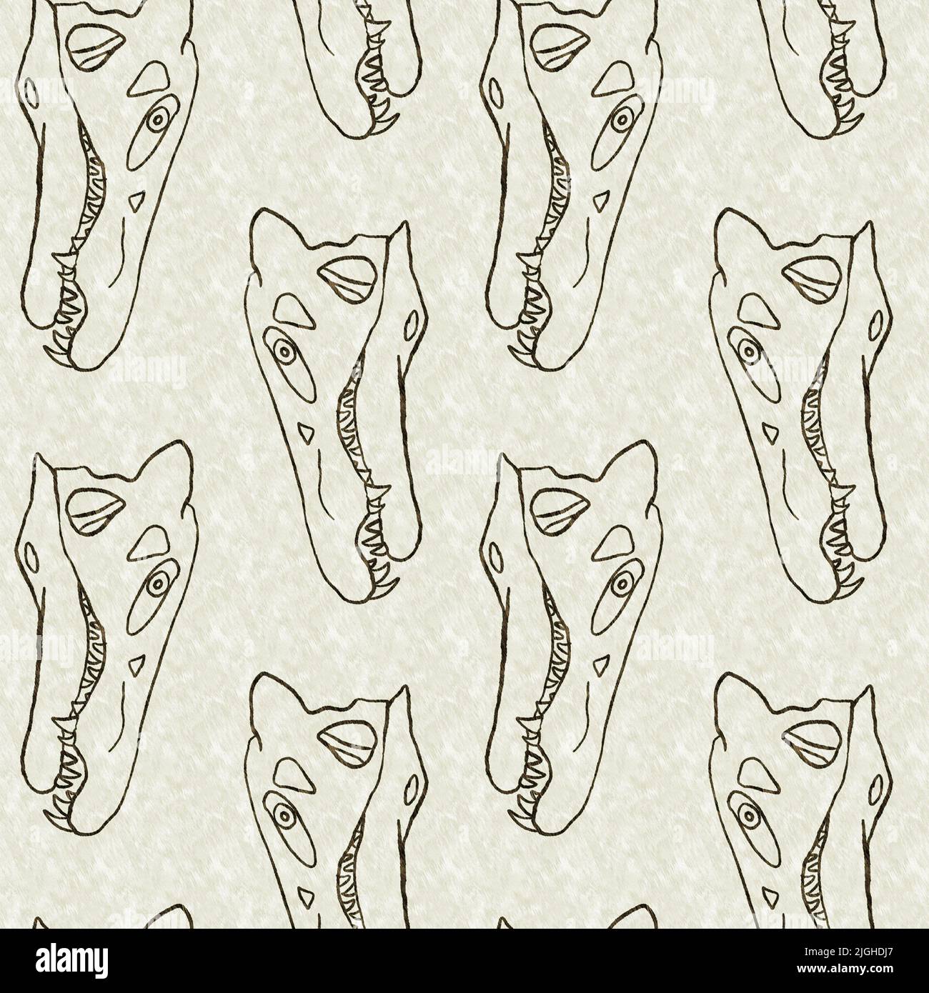 Braun handgezeichnete Spinosaurus fossile Knochen Dinosaurier nahtloses Muster. Geschlechtsspezifische neutrale jurassische Silhouette für die Babykrippe. Home Dekor für Museum Stockfoto