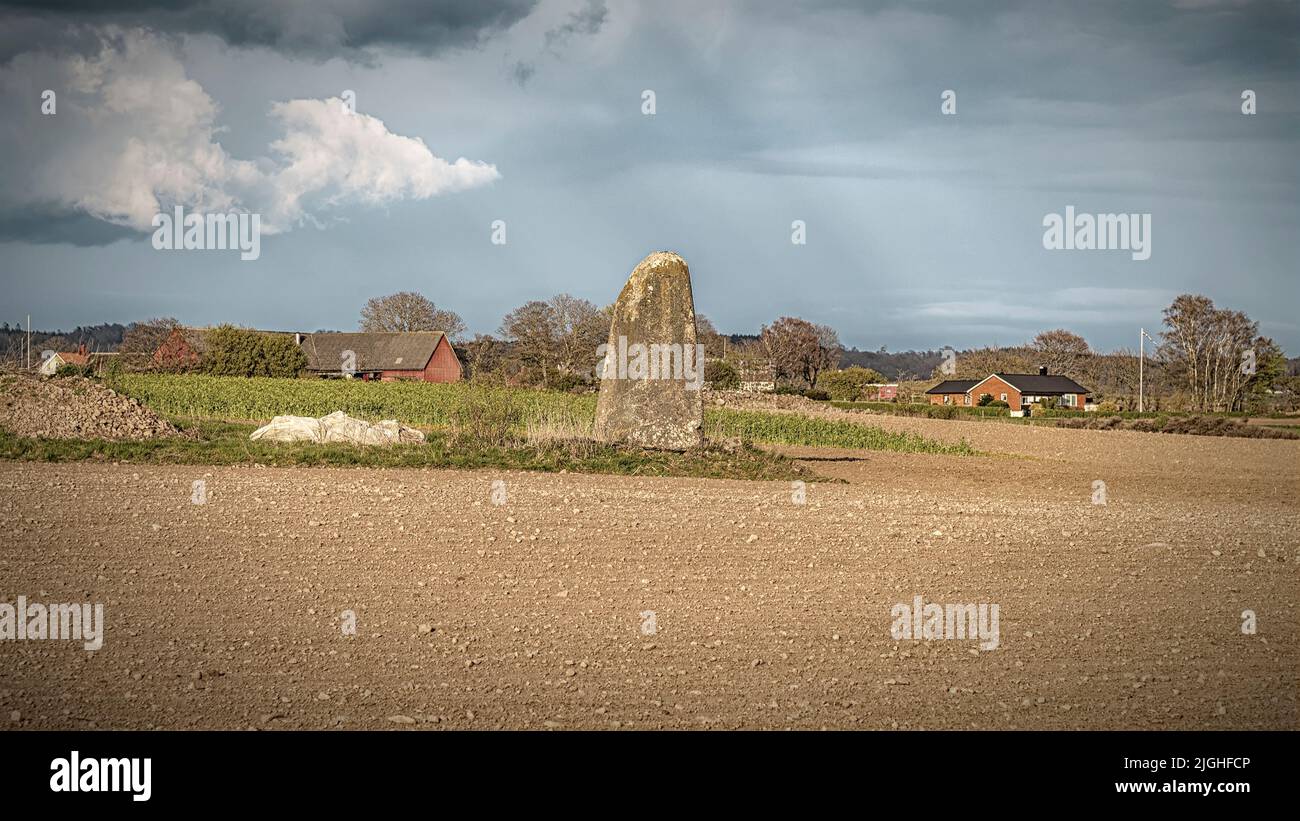 Ein einziger stehender Stein in der schwedischen Landschaft Stockfoto