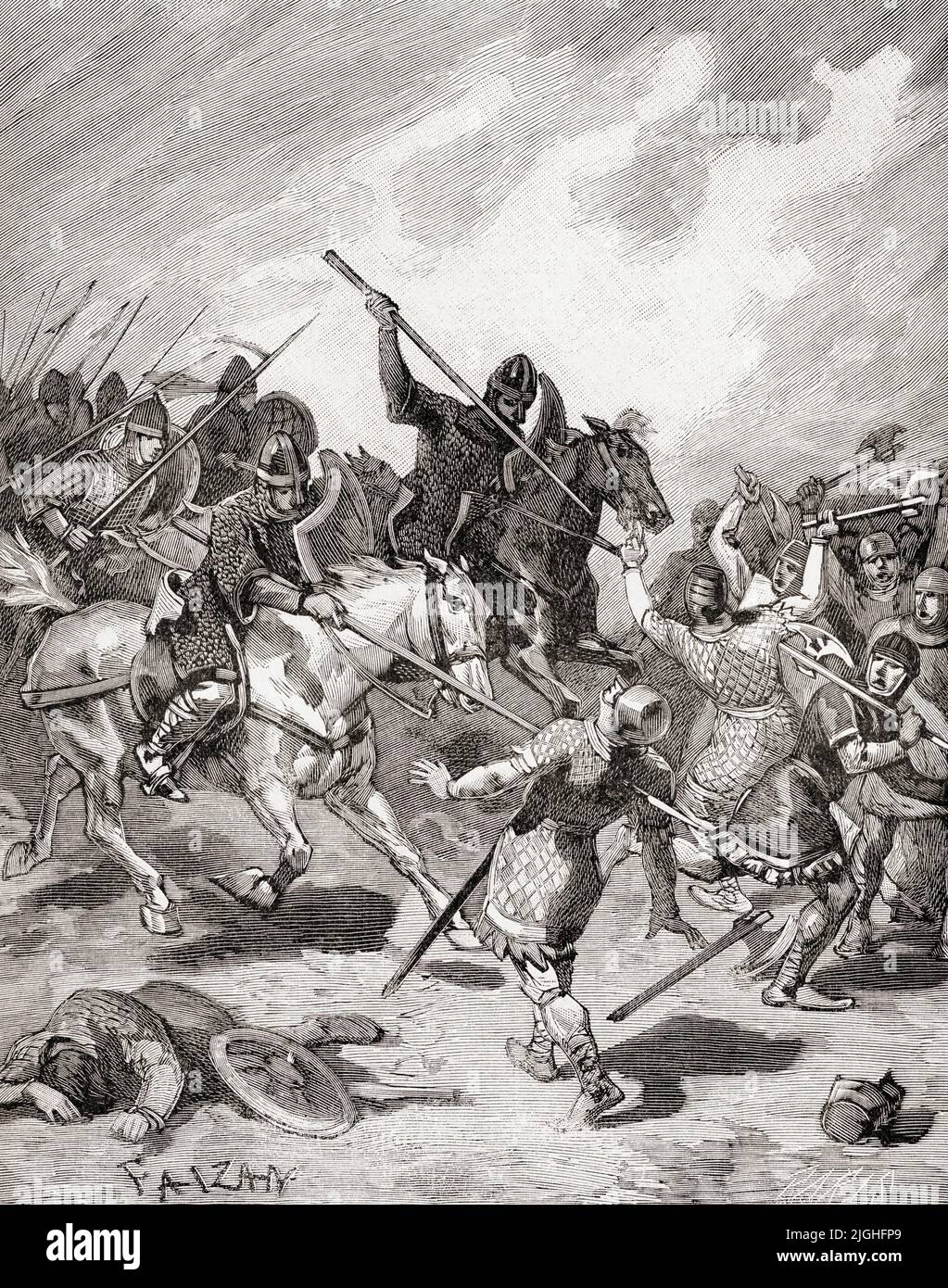 Die Schlacht von Hastings, 14. Oktober 1066, kämpfte zwischen der normannisch-französischen Armee von William, dem Herzog der Normandie, und einer englischen Armee unter dem angelsächsischen König Harold Godwinson, Beginn der normannischen Eroberung Englands. Aus Histoire de France, veröffentlicht 1855. Stockfoto