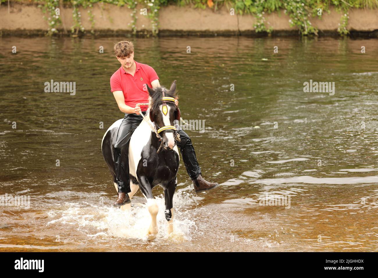 Ein junger erwachsener Mann, der sein Pferd durch den Fluss Eden, Appleby Horse Fair, Appleby in Westmorland, Cumbria reitet Stockfoto