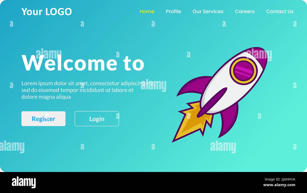 Tech-themed Landing Page Website UI mit Raketenvektor-Symbol Stock Vektor