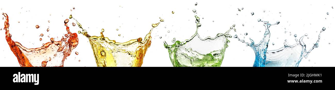 Set von Regenbogen Flüssigkeit Spritzer isoliert auf weißem Hintergrund Stockfoto