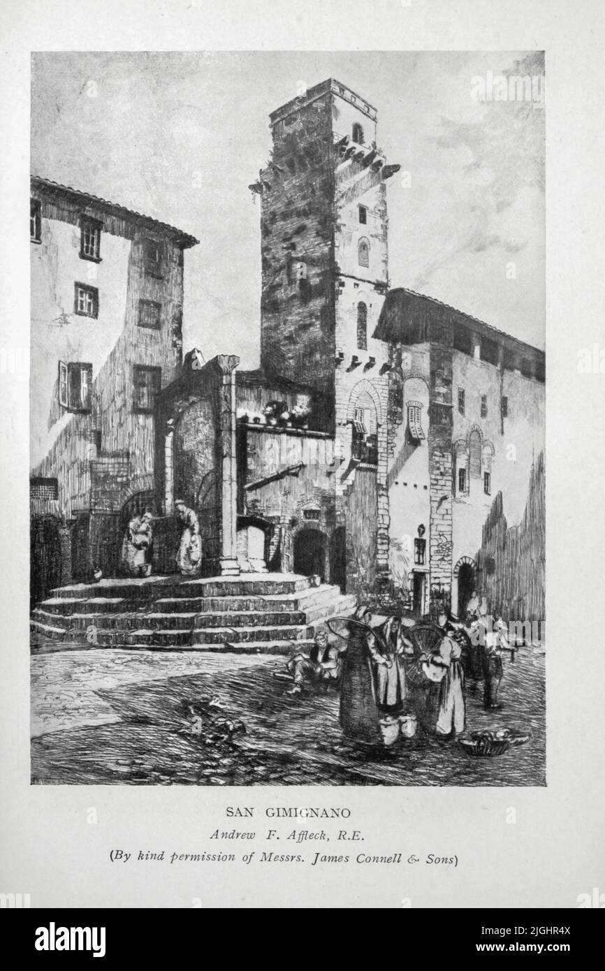 SAN GIMIGNANO . Andrew F. Affleck, R.E. San Gimignano (italienische Aussprache: [san dʒimiɲˈɲaːno]) ist eine kleine, von Mauern umgebene mittelalterliche Hügelstadt im Landkreis Siena, Toskana, Nordmittelitalien. Bekannt als die Stadt der Schönen Türme, ist San Gimignano berühmt für seine mittelalterliche Architektur, einzigartig in der Erhaltung von etwa einem Dutzend seiner Turmhäuser,[3] die, mit seiner Hügelkulisse und umlaufenden Mauern aus dem "Buch von Italien" von Rafaello Piccoli, Erscheinungsdatum 1916 Verlag London. Unwin Stockfoto