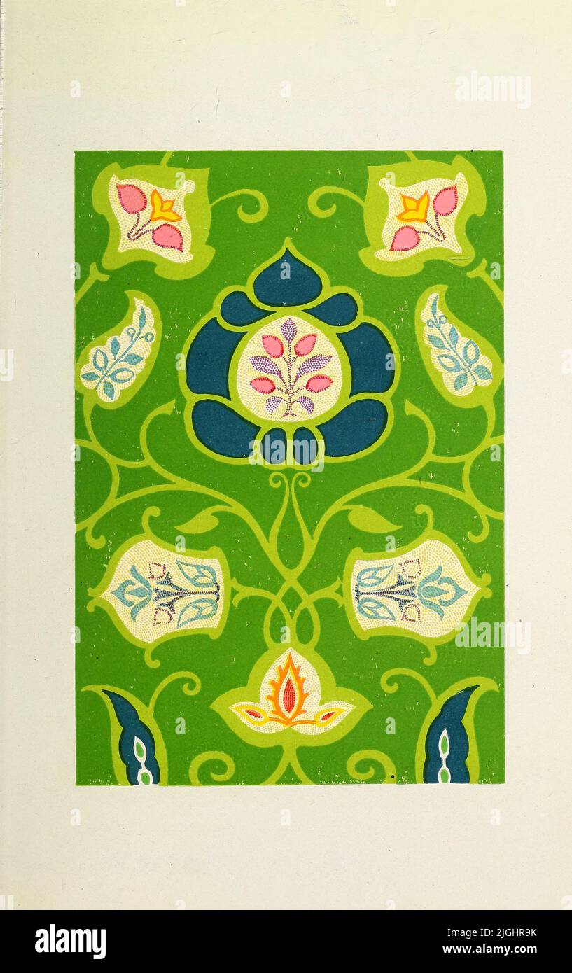 Ein Beispiel zur Veranschaulichung von „ Extended Harmony“. In diesem Muster sind zwei getrennte Schemata enthalten. Das stärkere Schema besteht aus gelb-grün, grün und grünlich-blau; das blassere Schema besteht aus gelb, orange, rosa und grün-blau. Jedes Schema ist an sich vollständig. Beispiele dafür sind in der Natur sehr häufig aus dem Buch "Vorschläge für das Studium der Farbe" von Henry Barrett Farbeter, Erscheinungsdatum 1915 Verlag Rochdale School of Art Stockfoto
