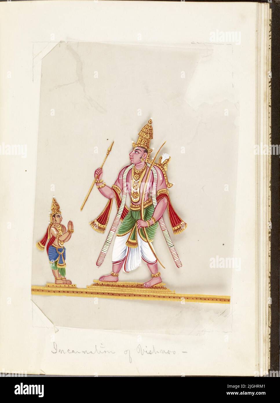 Indien, Dorfleben Indianer, Blatt aus gebunden Sammlung von 20 Miniaturen, die das Dorfleben darstellen, 1870, auf Glimmer malen, H: 7 7/8 x B: 6 5/16 Zoll (20 x 16 cm), Stockfoto