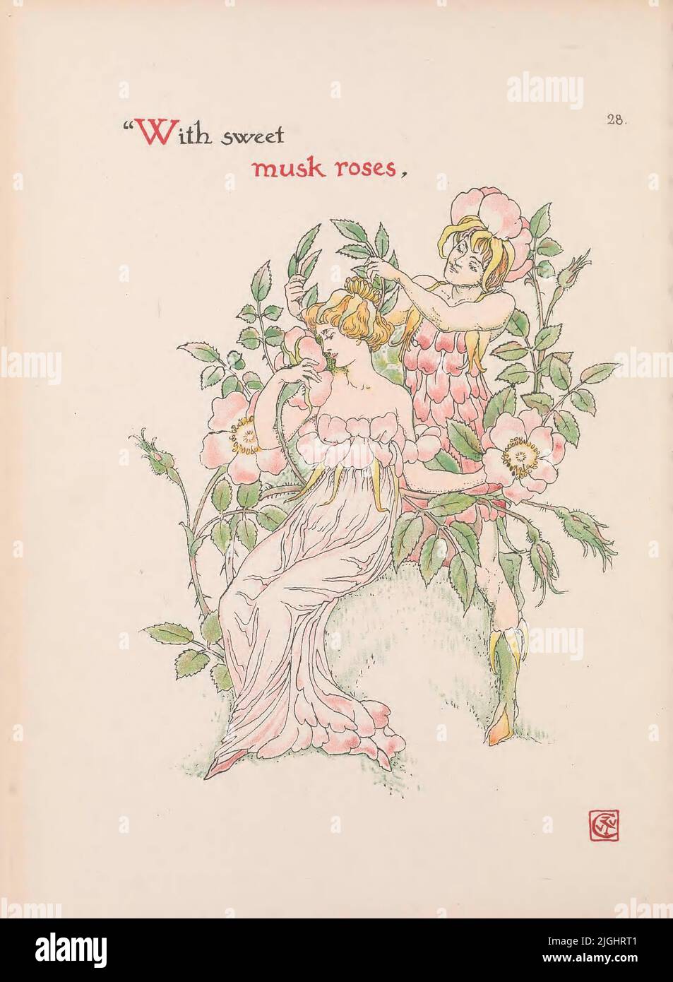 Mit süßen Moschusrosen aus dem Buch "Blumen aus Shakespeares Garten: Ein schickes Stück aus den Stücken" illustriert von Walter Crane, 1845-1915; nach William Shakespeare, 1564-1616 Erscheinungsdatum 1909 Verlag [London] : Cassell & Co., Ltd Stockfoto