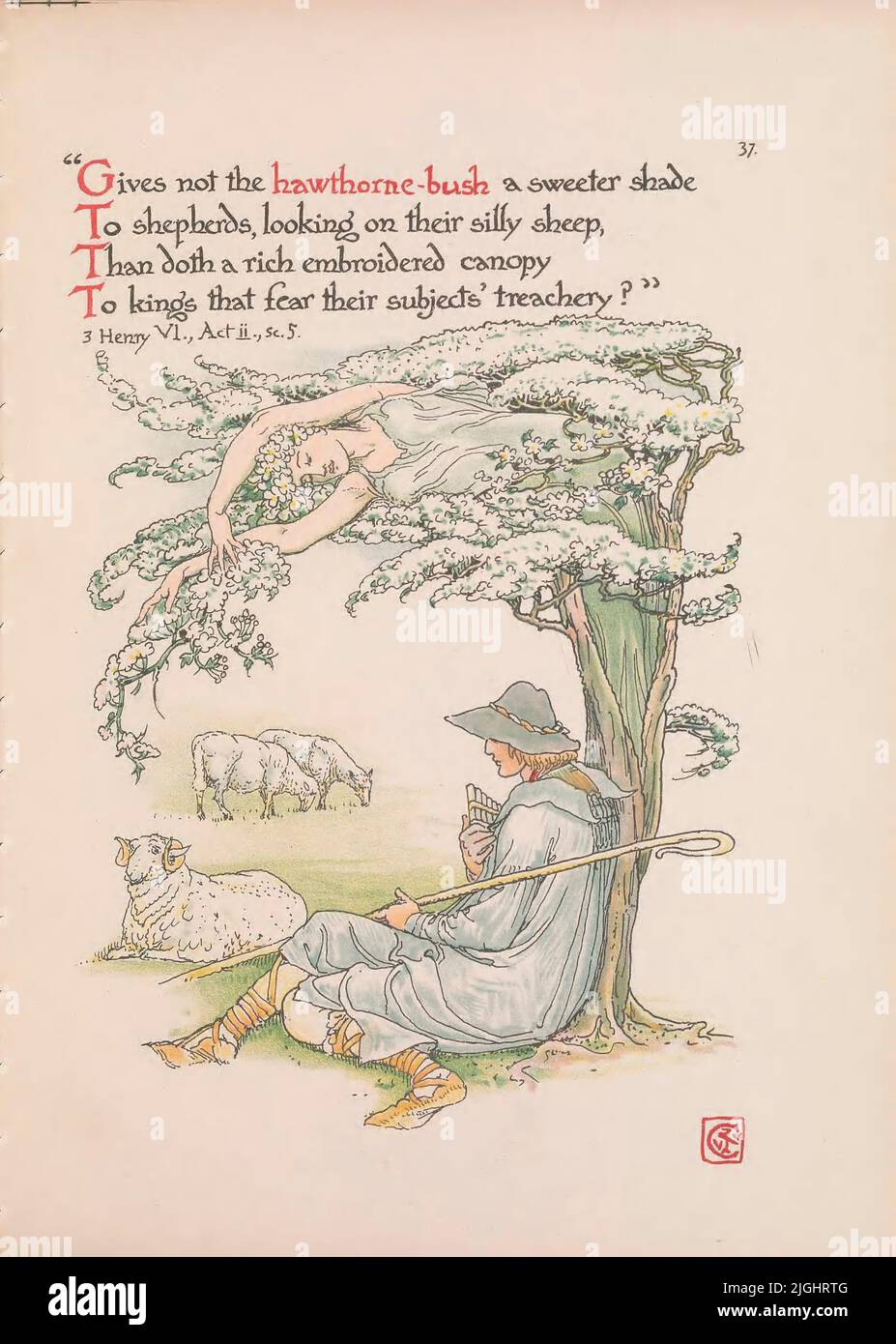 Gibt dem Hawthorne-Busch nicht einen süßeren Schatten [ Henry VI Akt II Szene 5 ] aus dem Buch ' Blumen aus Shakespeares Garten : ein schickes aus den Theaterstücken ' illustriert von Walter Crane, 1845-1915; basiert auf William Shakespeare, 1564-1616 Erscheinungsdatum 1909 Verlag [London] : Cassell & Co., Ltd Stockfoto