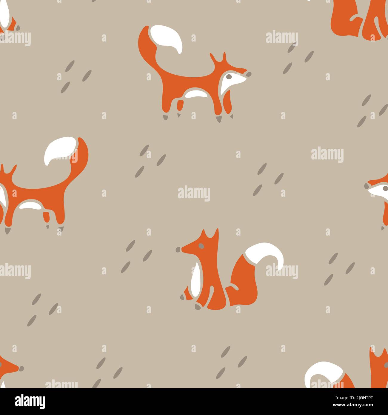 Nahtloses Vektor-Muster mit handgezeichneter Fuchs auf grauem Hintergrund. Einfaches Tiertapete-Design für Kinder. Wildlife Fashion Textil. Stock Vektor