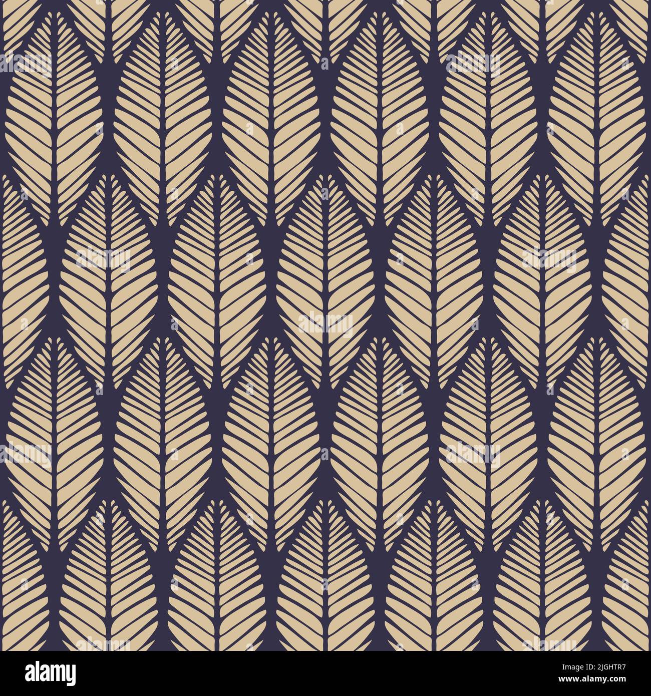 Nahtloses Vektormuster mit Blattstruktur auf violettem Hintergrund. Modernes botanisches Tapetendesign. Dekorative Laub Mode Textil. Stock Vektor