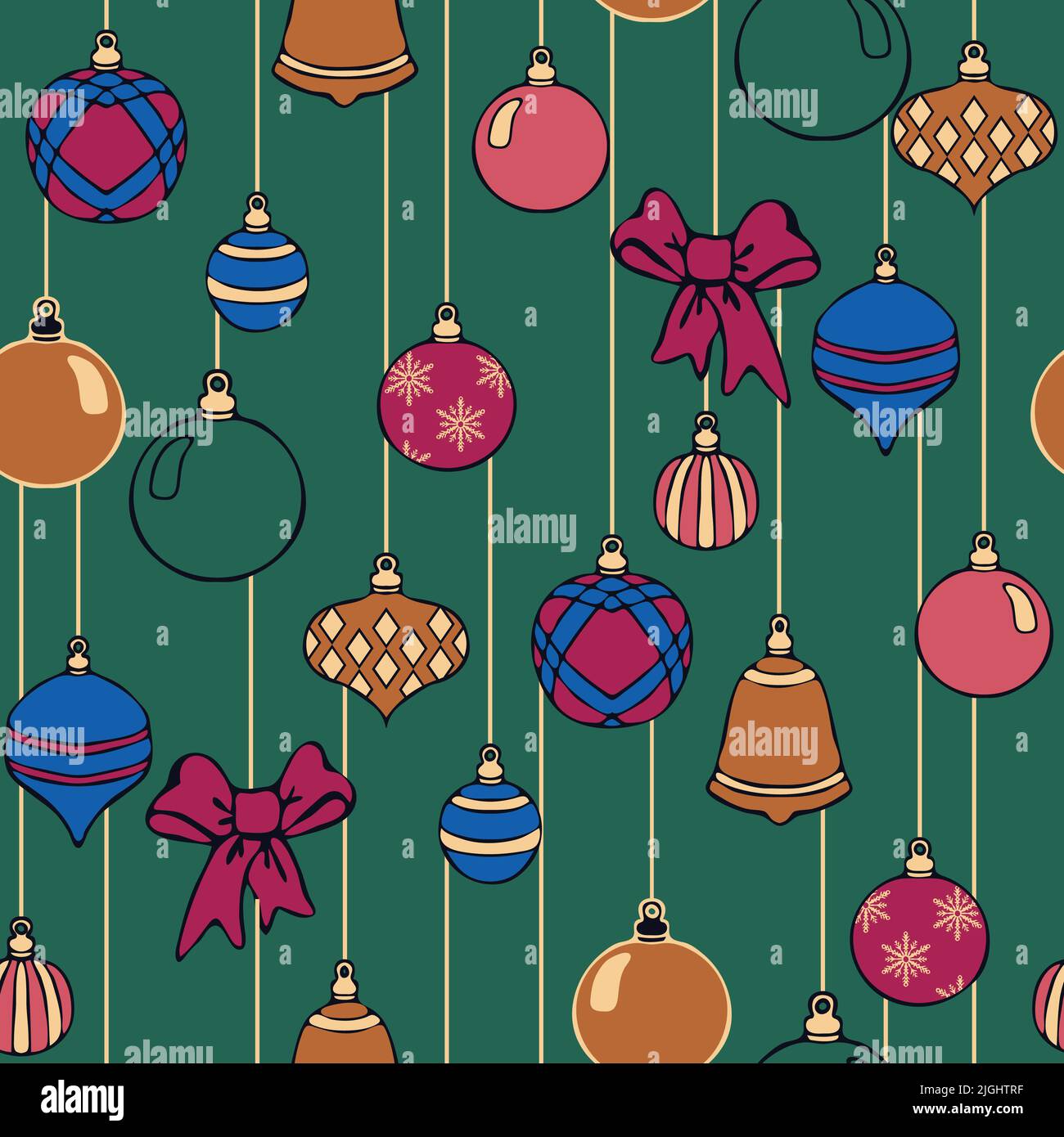 Nahtloses Vektor-Muster mit Weihnachtskugeln auf grünem Hintergrund. Einfache Winter Urlaub Tapete Design. Dekorative festliche Mode Textil. Stock Vektor