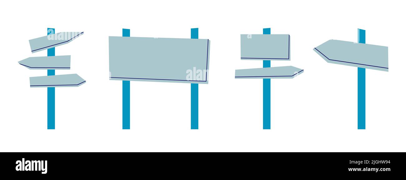 Wegweiser. Die Straßenschilder sind rechteckig, geben die Richtung und die Runde an. Flache Vektorgrafik isoliert auf weißem Hintergrund. Stock Vektor