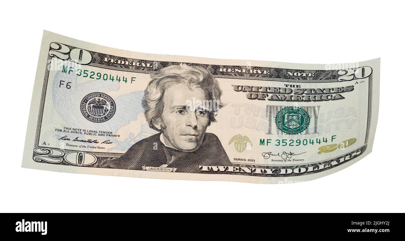 20-Dollar-Banknote auf weißem Hintergrund. Stockfoto