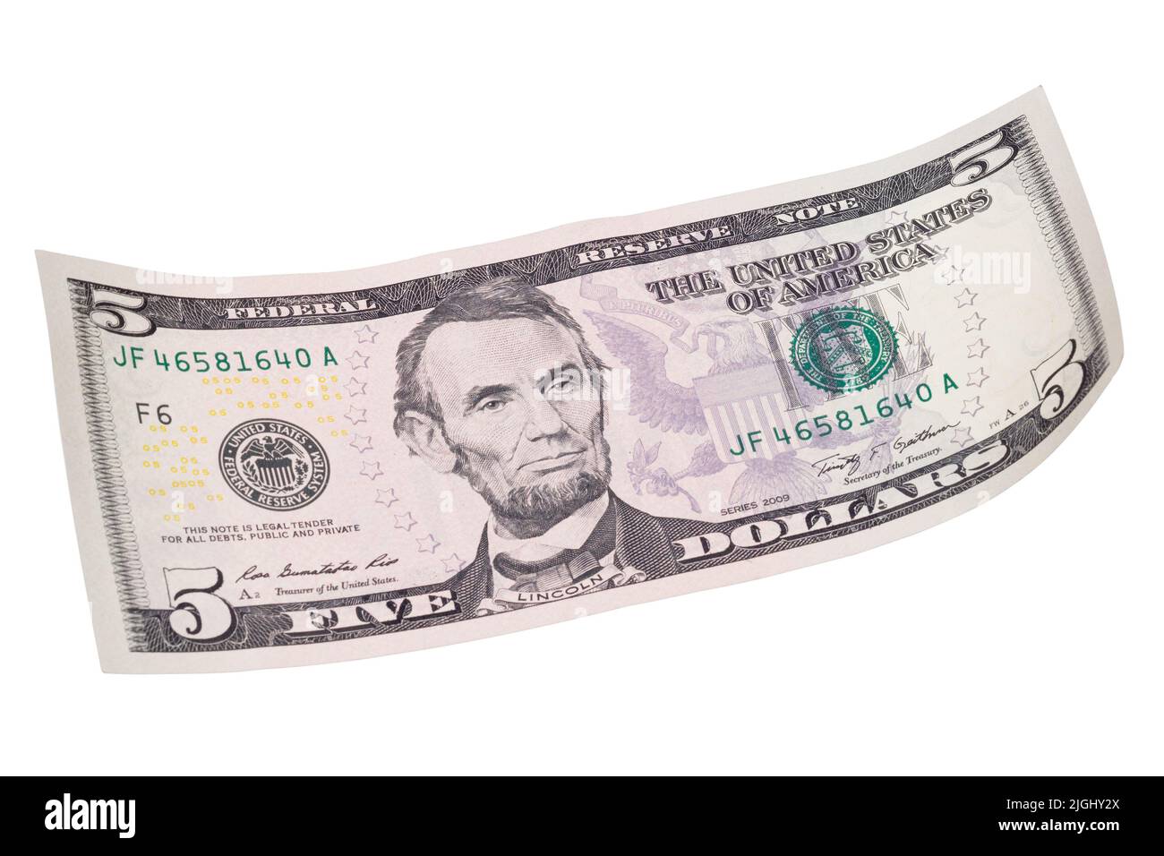 Fünf-Dollar-Banknote auf weißem Hintergrund. Stockfoto