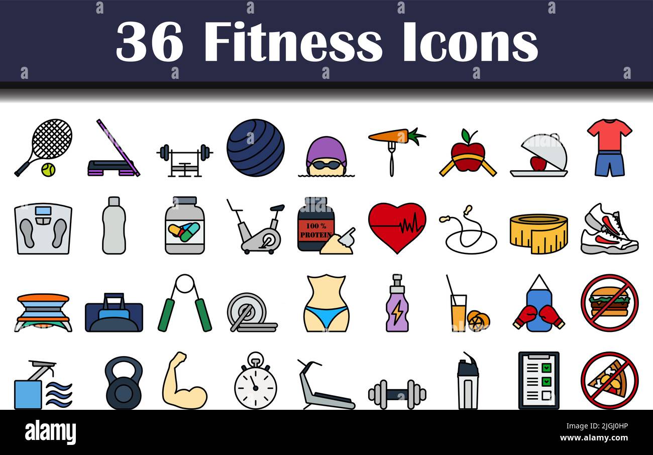 Fitness-Symbol-Set. Editierbare Fett Formatigte Kontur Mit Farbfüllungsdesign. Vektorgrafik. Stock Vektor