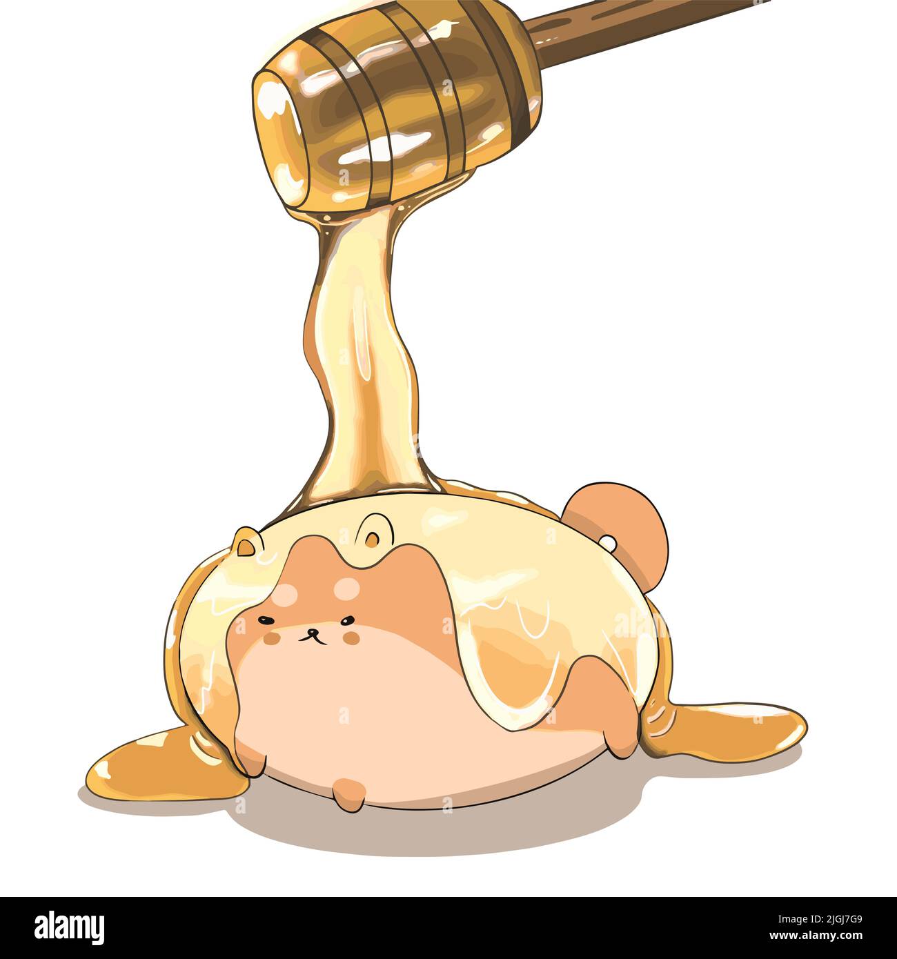 Süße zornige, zarte Katze liegt auf ihrem Bauch und wird mit Honig übergossen Stock Vektor