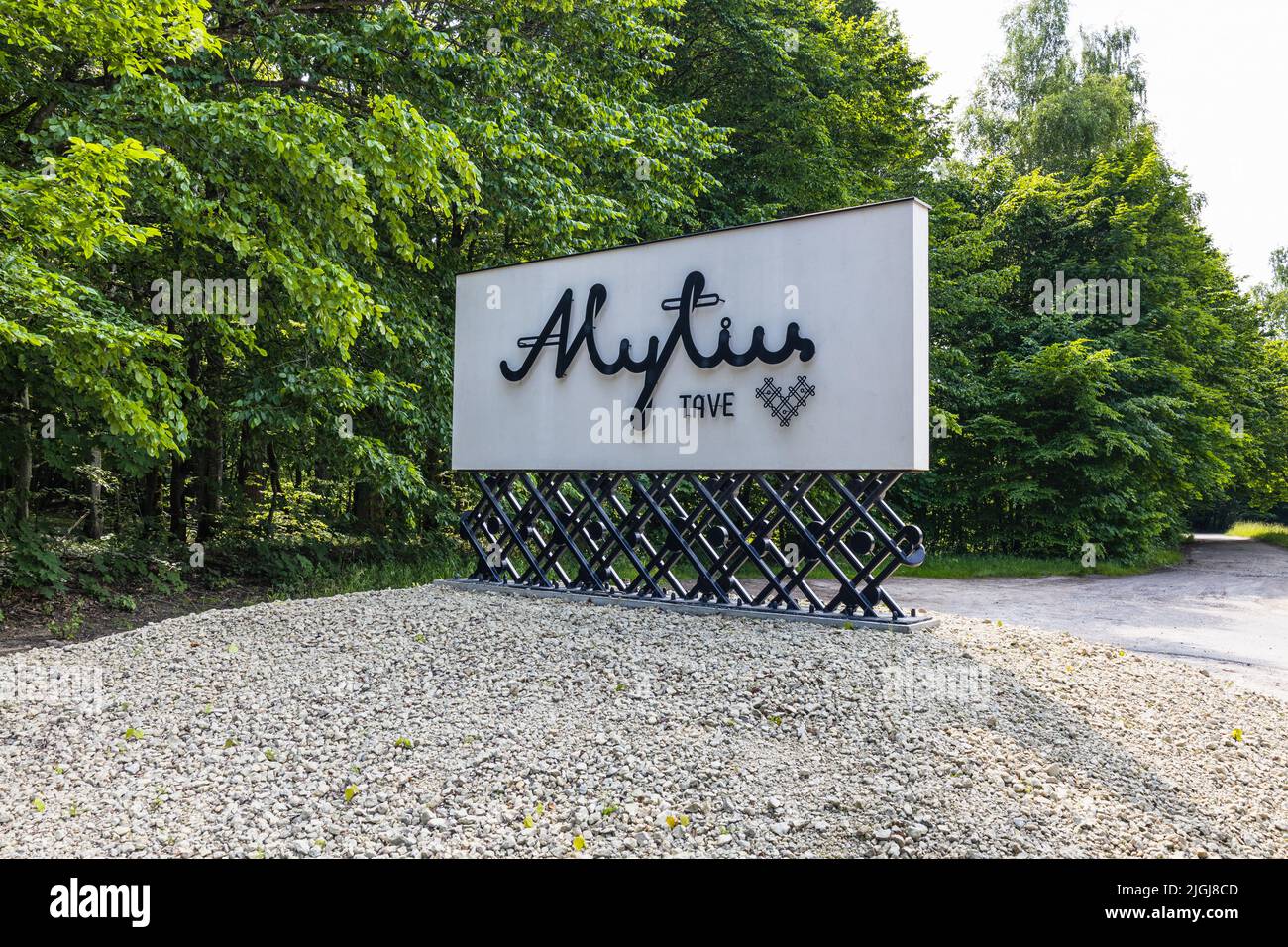 Das Eingangsschild zur Stadt Alytus, Litauen, 29. Juni 2022 Stockfoto