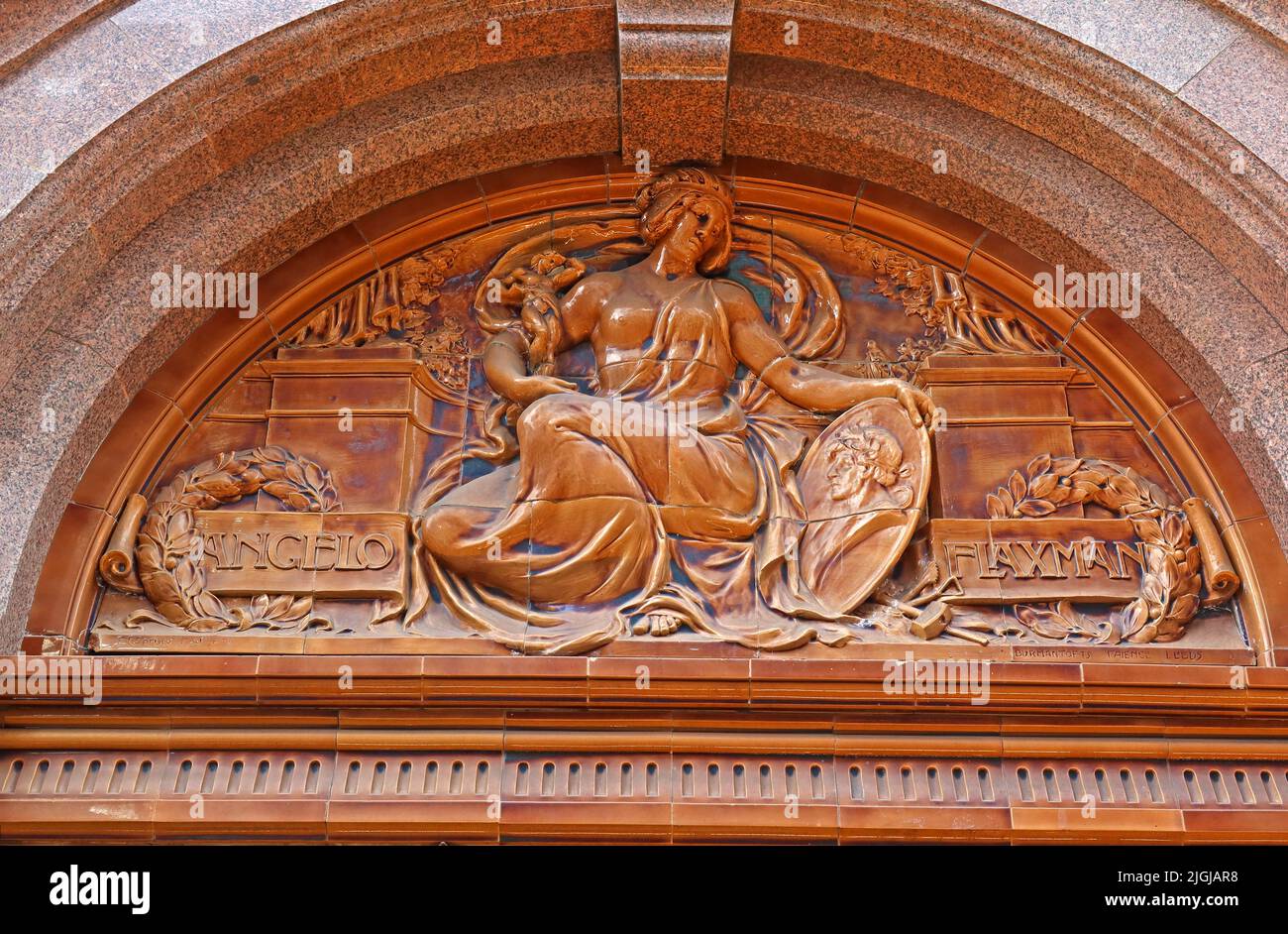 Midland Hotel Manchester Glazed Terracotta Keramik Frieze, Skulptur Michaelangelo & Flaxman, 16 Peter St, Manchester, M60 2DS Stockfoto