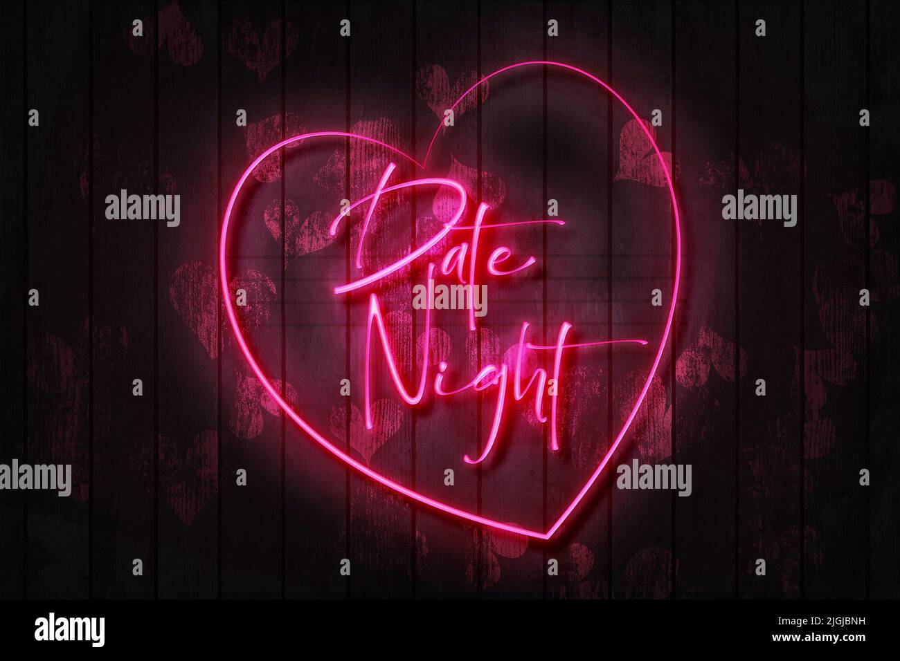Datum Nacht Neonschild auf einer dunklen Holzwand 3D Illustration mit rotem Herz Hintergrund. Stockfoto