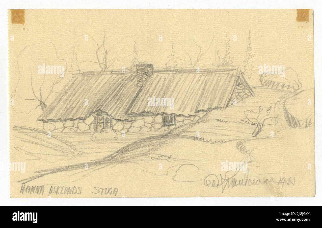 Blyertsteckning Bleistiftzeichnung. 3 Skizzen von Blekingsk Allmogestuga. Text „Hanna Asklunds Hütte“. Signiert Olof Sundeman 1933. Geschenk 1933 durch den Künstler. Stockfoto