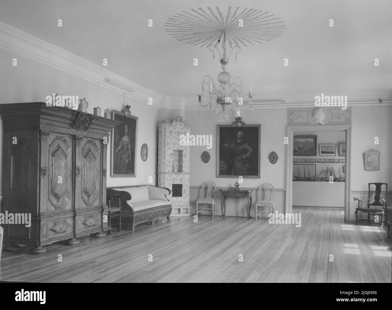 Rumsintern Innenraum des Blekinge Museums auf dem nordischen Bauernhof Sjöldska im Stadtteil Bonde. Stockfoto