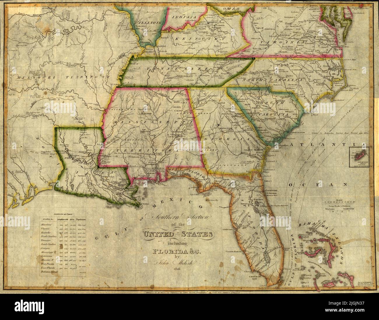 Karte der südlichen Vereinigten Staaten einschließlich Florida, Georgia, Louisiana, Alabama, Carolinas, 1816, von John Melish Stockfoto