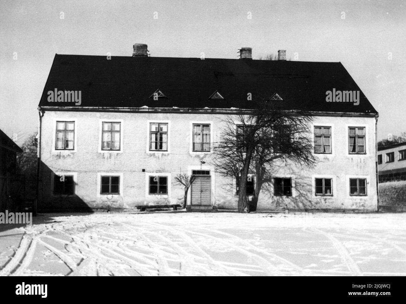 Kontorsbyggnad das Haus der Wasseragentur in Lyckeby/Arvid Faxes Stenpaperfabrik/. Stockfoto