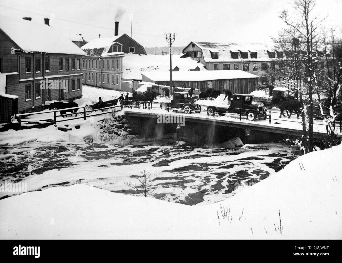 Stadsvy Schneefall bei Norrebro. März 1931. Ronneby. Stockfoto