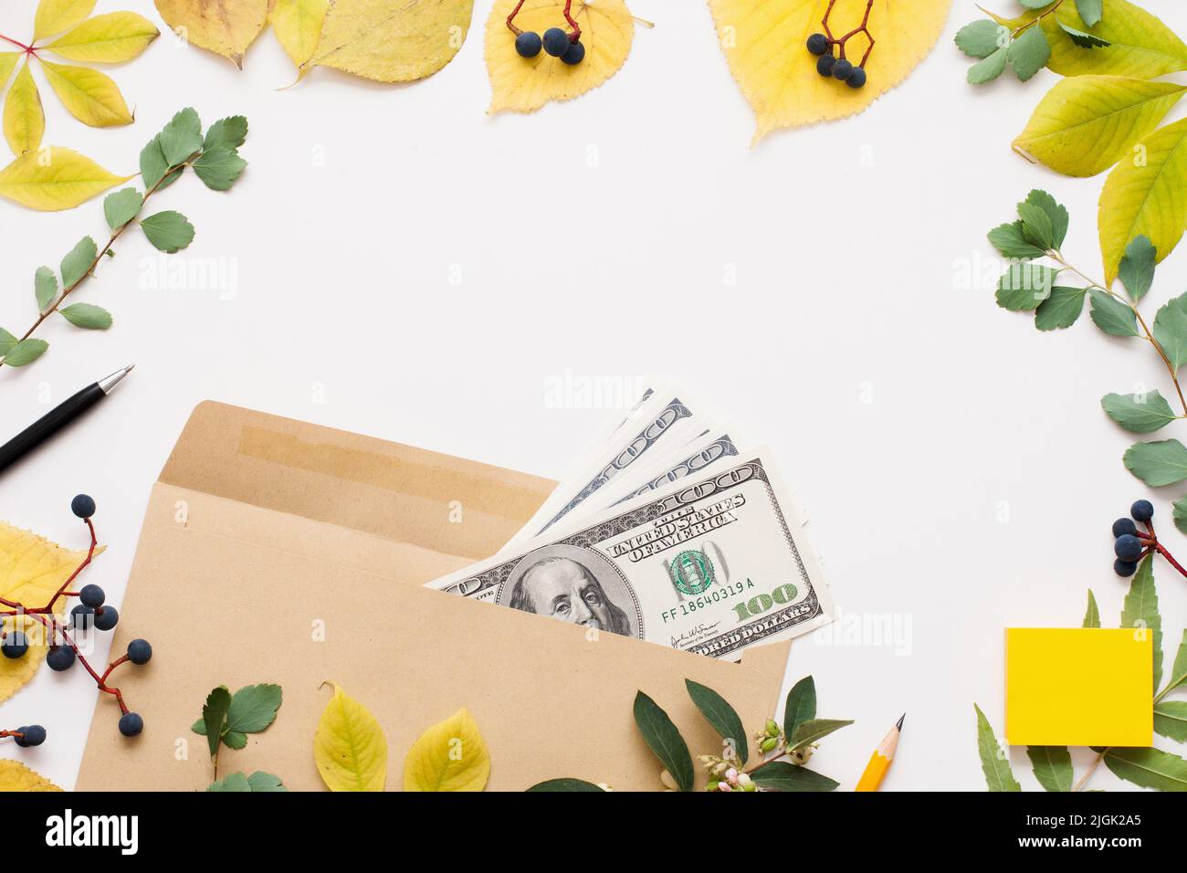 Hundert Dollar Banknoten in braunem Umschlag, Herbst Stockfoto