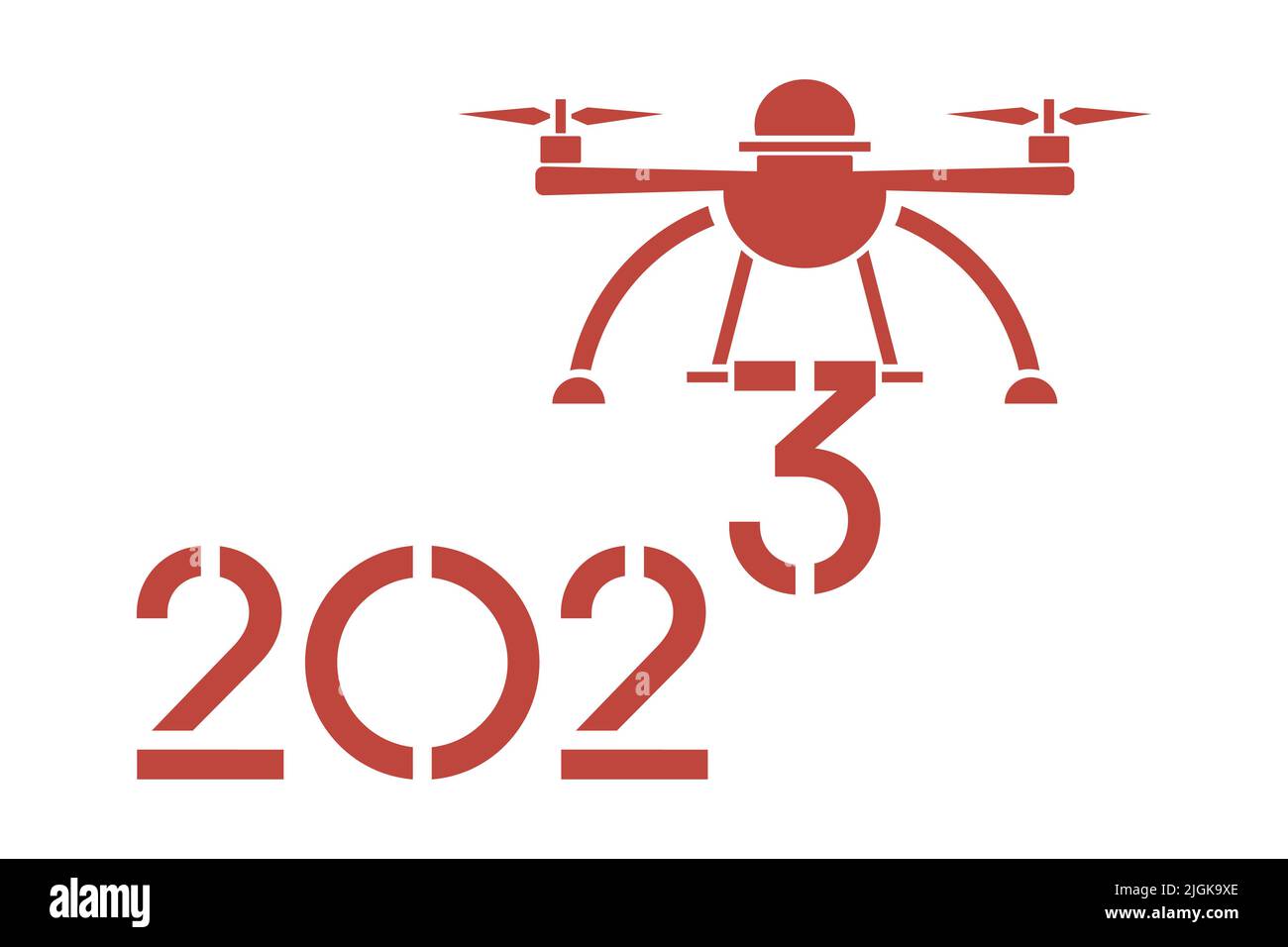 Frohes neues Jahr 2023 Vektor-Illustration. Luftdrohne trägt Zahlen für 2023. Festlicher Hintergrund. Remote-Gerät. Quadcopter Stock Vektor