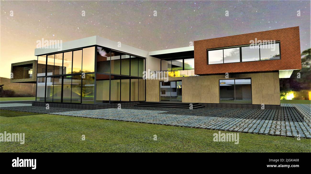 Eine wunderbare Sommernacht spiegelt sich in den Fenstern eines luxuriösen Hauses wider. 3D Rendern. Kann als Werbung für teure Immobilien verwendet werden. Stockfoto