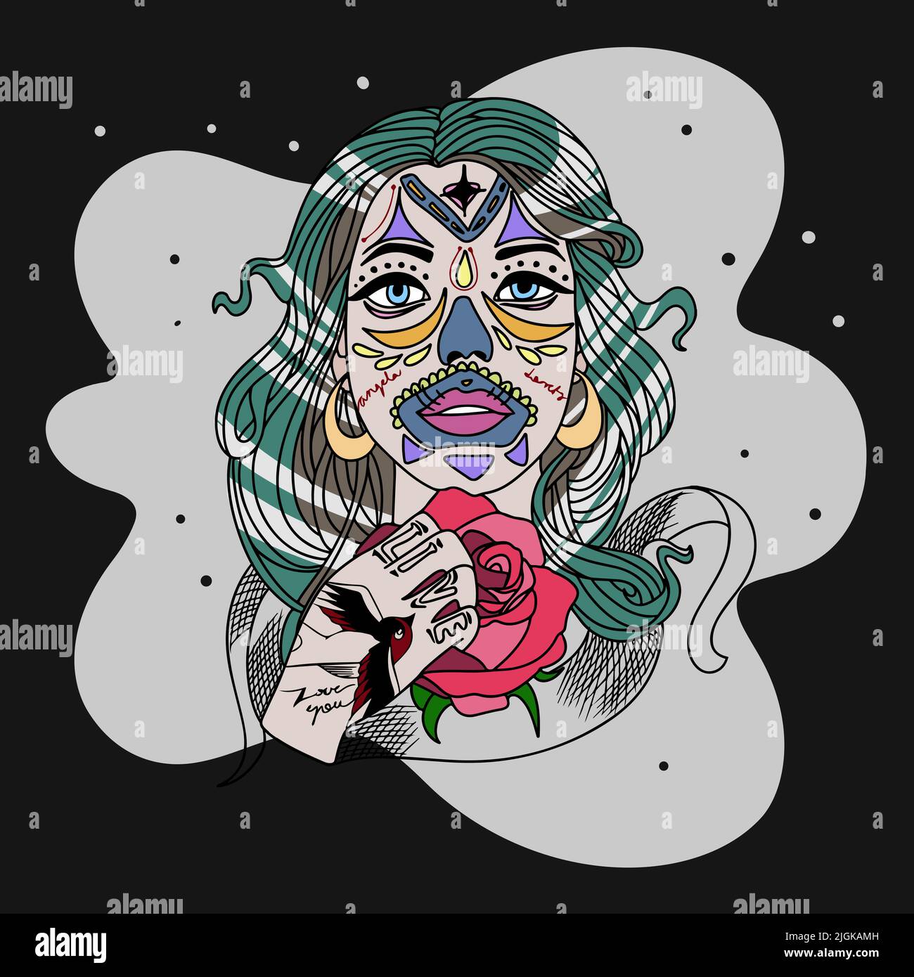 Ein wunderschönes Mädchen im Chicano-Stil, mit einem Tattoo, hält eine Rose, eine Inschrift auf der Hand, Schmuck im Gesicht, Piercings, einen dunklen Hintergrund Stock Vektor
