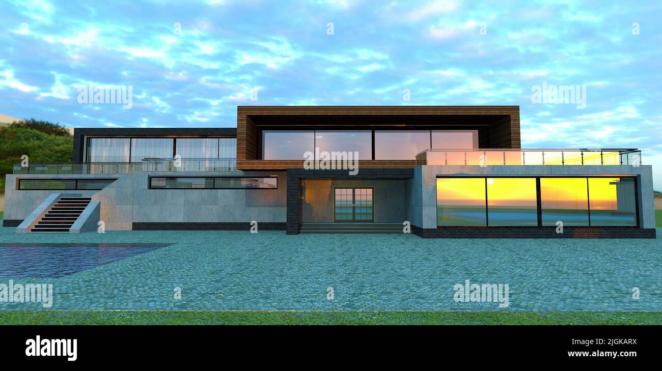 Der Morgen war wunderbar bewölkt. Die Morgendämmerung spiegelt sich in den Fenstern eines luxuriösen High-Tech-Hauses wider. 3D Rendern. Stockfoto