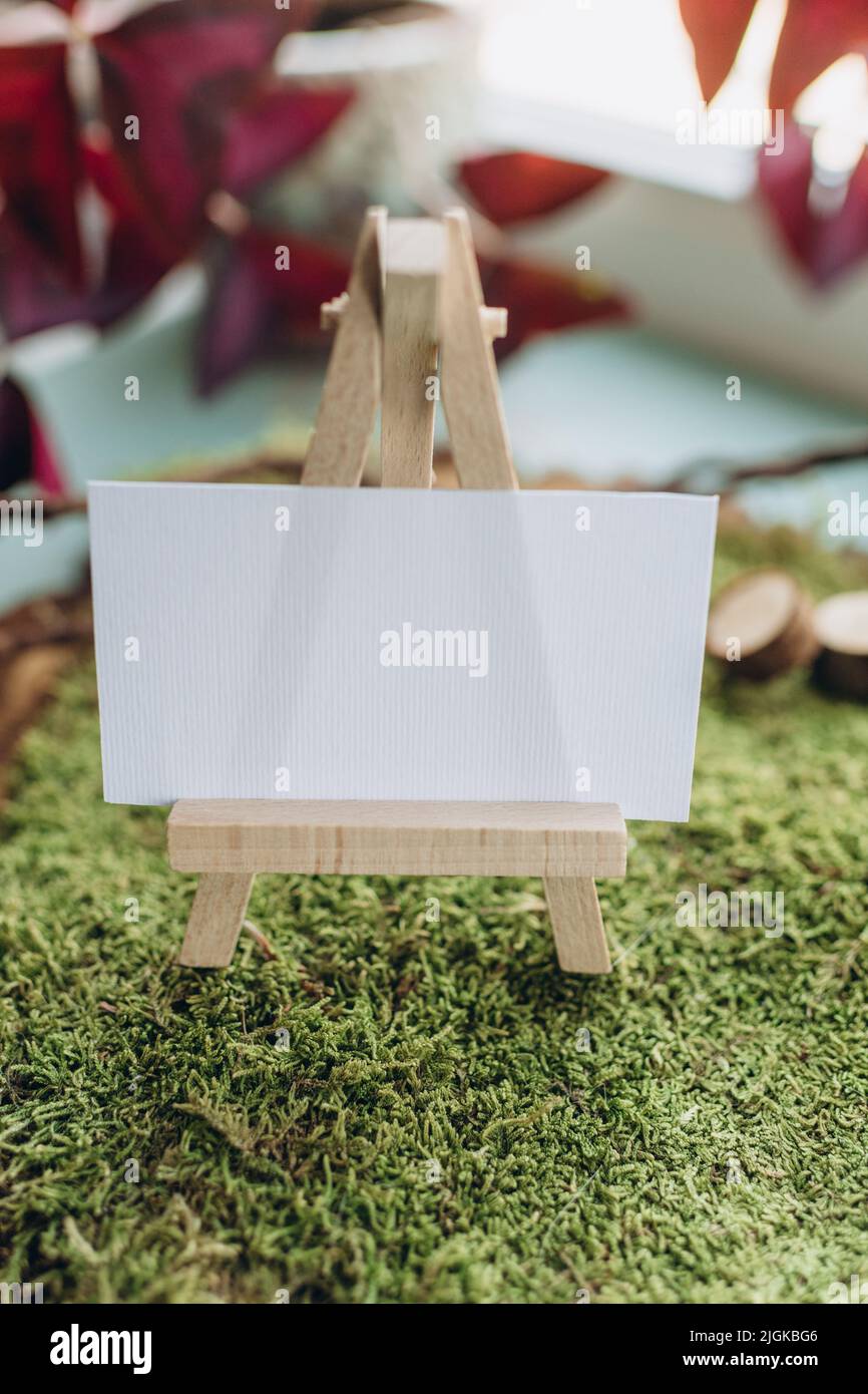 Visitenkartenmockup im Naturstil, weißes Papier auf grünem Moos und Holzschnitt Stockfoto