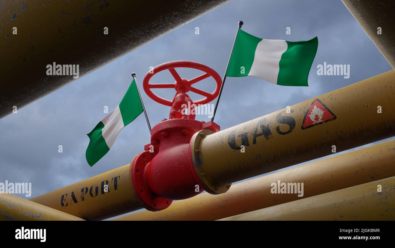 Ventil an der Hauptgasleitung Nigeria, Pipeline mit Flaggen Nigeria, Gasleitungen aus Nigeria, Gasexport durch Nigeria, 3D Arbeit und 3D Image Stockfoto