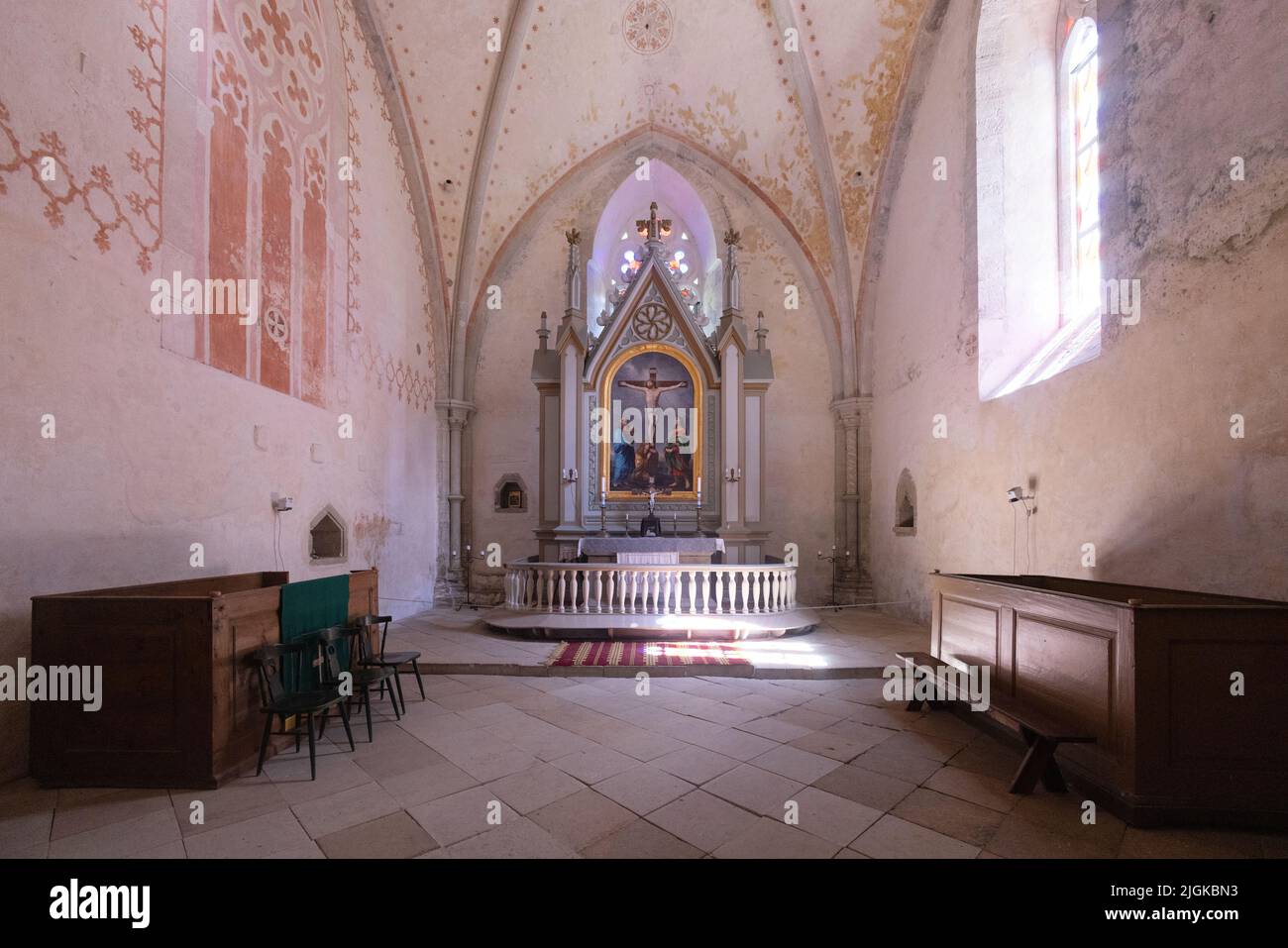 Saaremaa Kirche; mittelalterliche Wandmalereien und mittelalterliche Gemälde aus dem Jahr 1400s, Karja Kirche, eine lutherische Kirche, Saaremaa Insel, Estland Europa Stockfoto