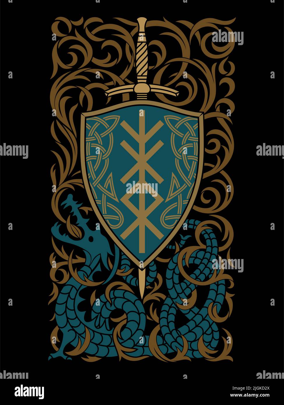 Design im altnordischen Stil. Drache spuckt Feuer. Ritter Schild und Schwert, isoliert auf schwarz, Vektor-Illustration Stock Vektor