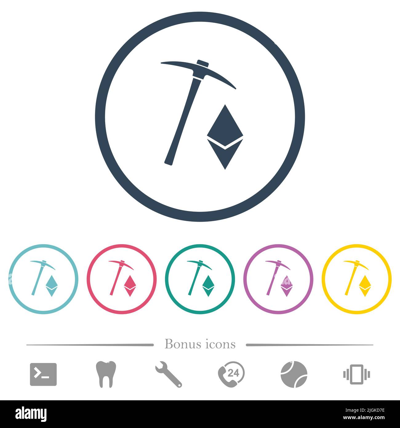 Ethereum Kryptowährung Mining flache Farbsymbole in runden Umrissen. 6 Bonus-Symbole enthalten. Stock Vektor