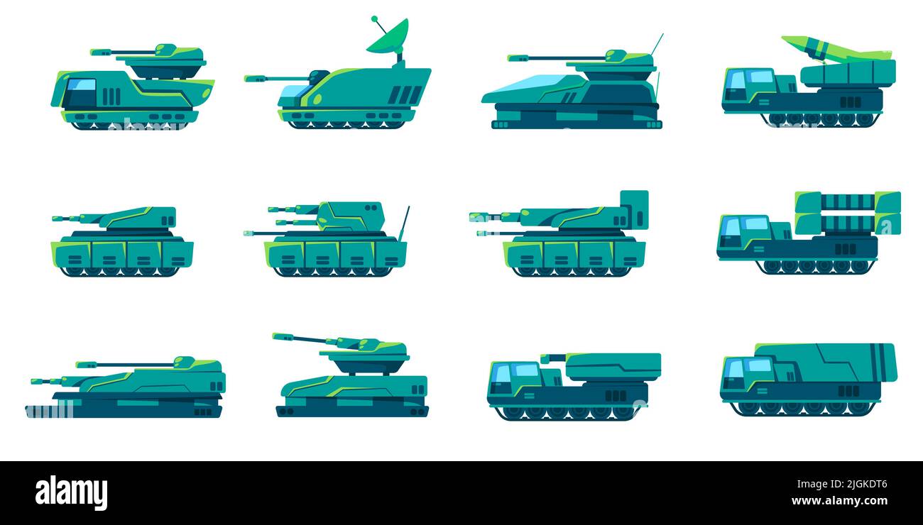 Militär gepanzerte Fahrzeug Tank schwere Armee Transport Set Sammlung grüne Farbe Stock Vektor