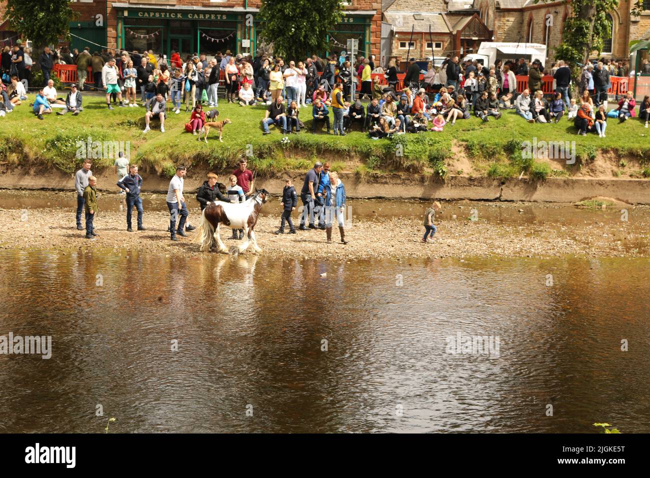 Am Ufer des Flusses Eden versammelten sich Menschen, um Pferde und Menschen am Ufer zu beobachten, Appleby Horse Fair, Appleby in Westmorland, Cumbria Stockfoto