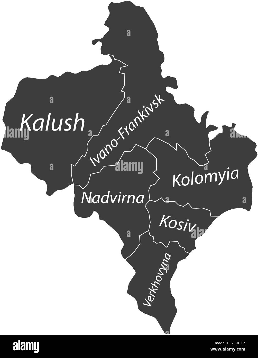 Dunkelgrau getaggte Karte von Raionen des GEBIETS IVANO-FRANKIWSK, UKRAINE Stock Vektor