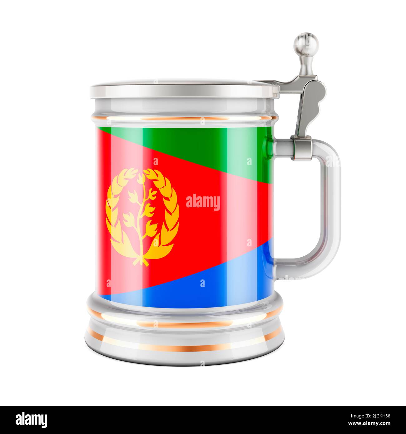 Bierkrug mit eritreischer Flagge, 3D Rendering isoliert auf weißem Hintergrund Stockfoto