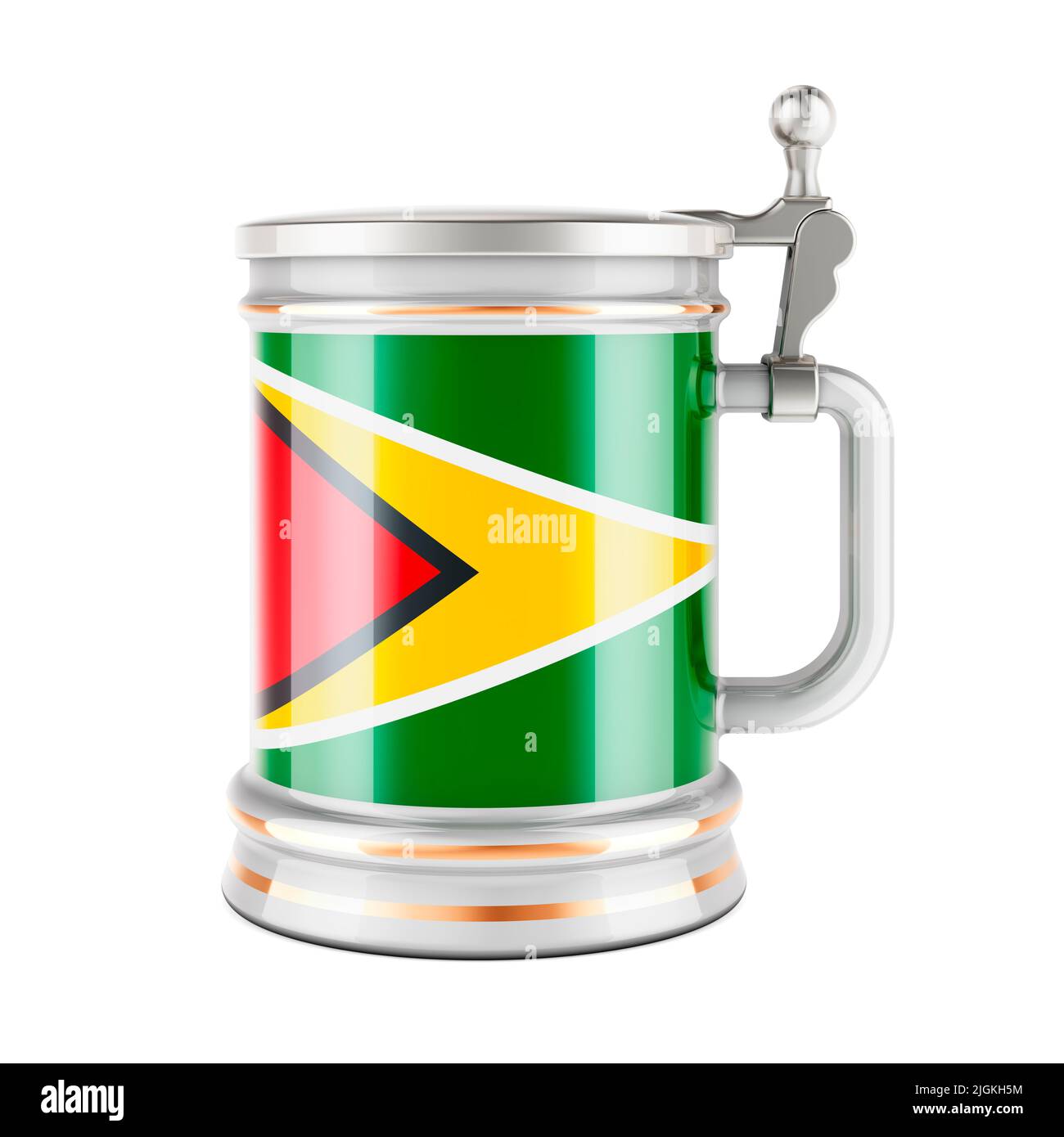 Bierkrug mit guyanischer Flagge, 3D Rendering isoliert auf weißem Hintergrund Stockfoto