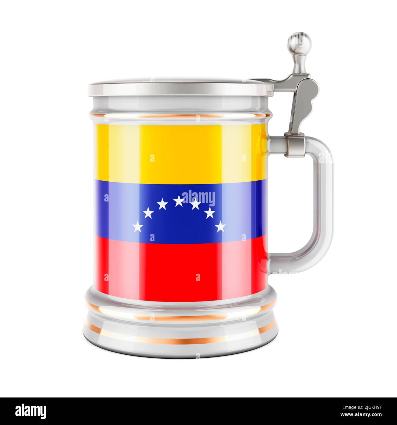 Bierkrug mit venezolanischer Flagge, 3D Rendering isoliert auf weißem Hintergrund Stockfoto