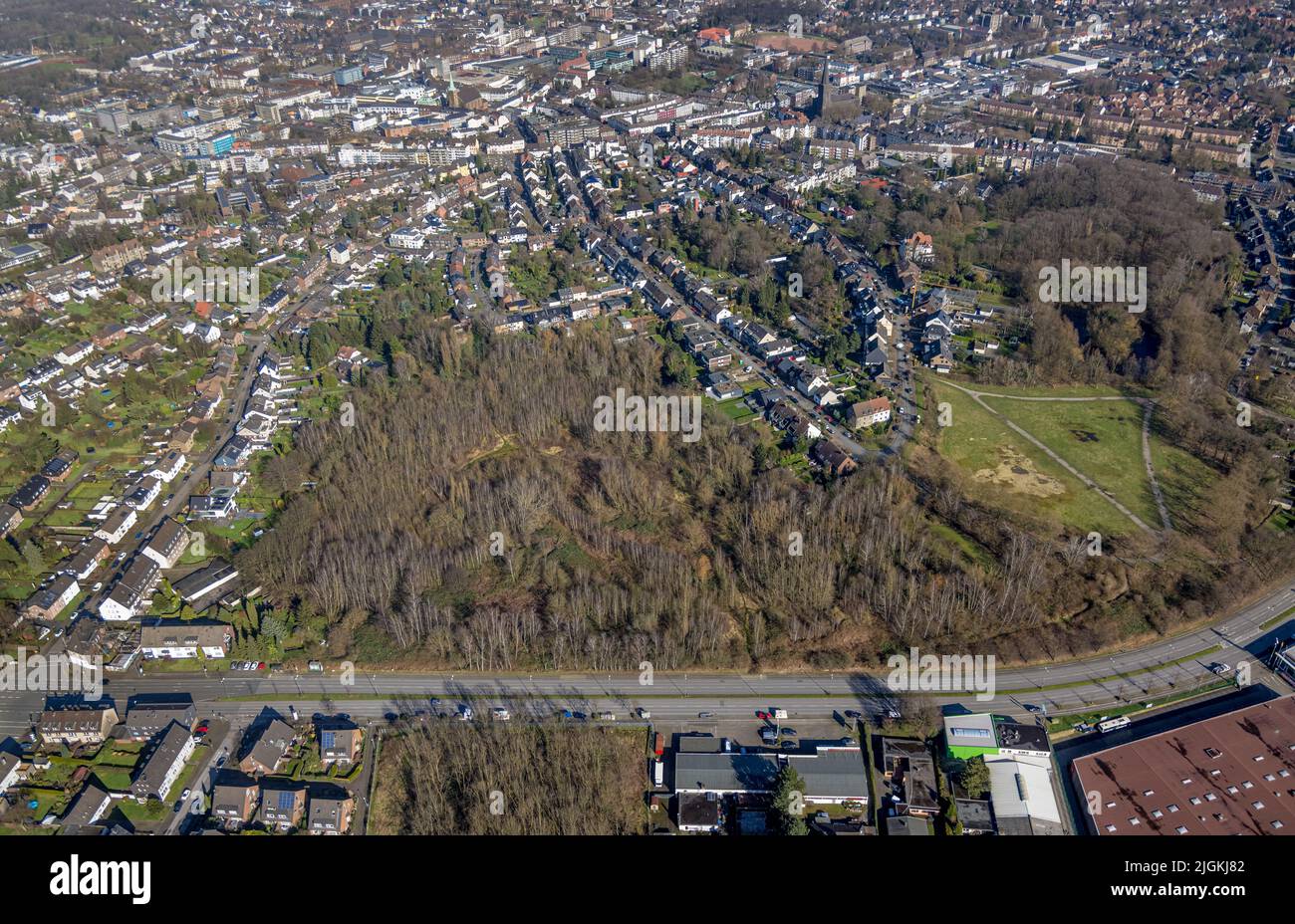 Luftaufnahme, Waldgebiet zwischen Südring, Bergstraße und Hünefeldstraße im Kreis Süd-West in Bottrop, Ruhrgebiet, Nordrhein-Westfalen, Deutschland Stockfoto