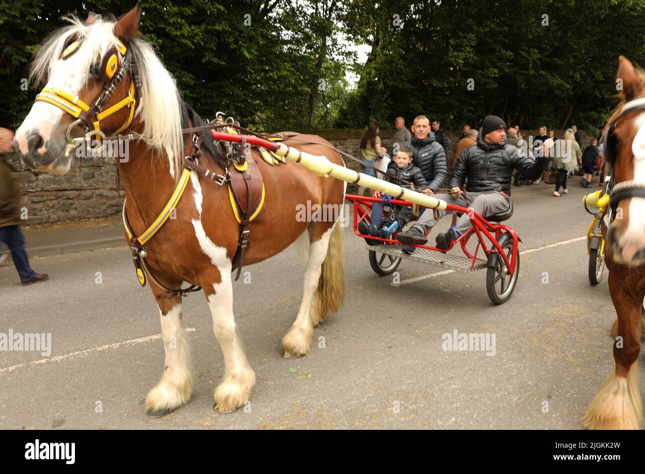 Ein buntes Pferd, das eine Falle entlang der Straße zieht, Appleby Horse Fair, Appleby in Westmorland, Cumbria Stockfoto