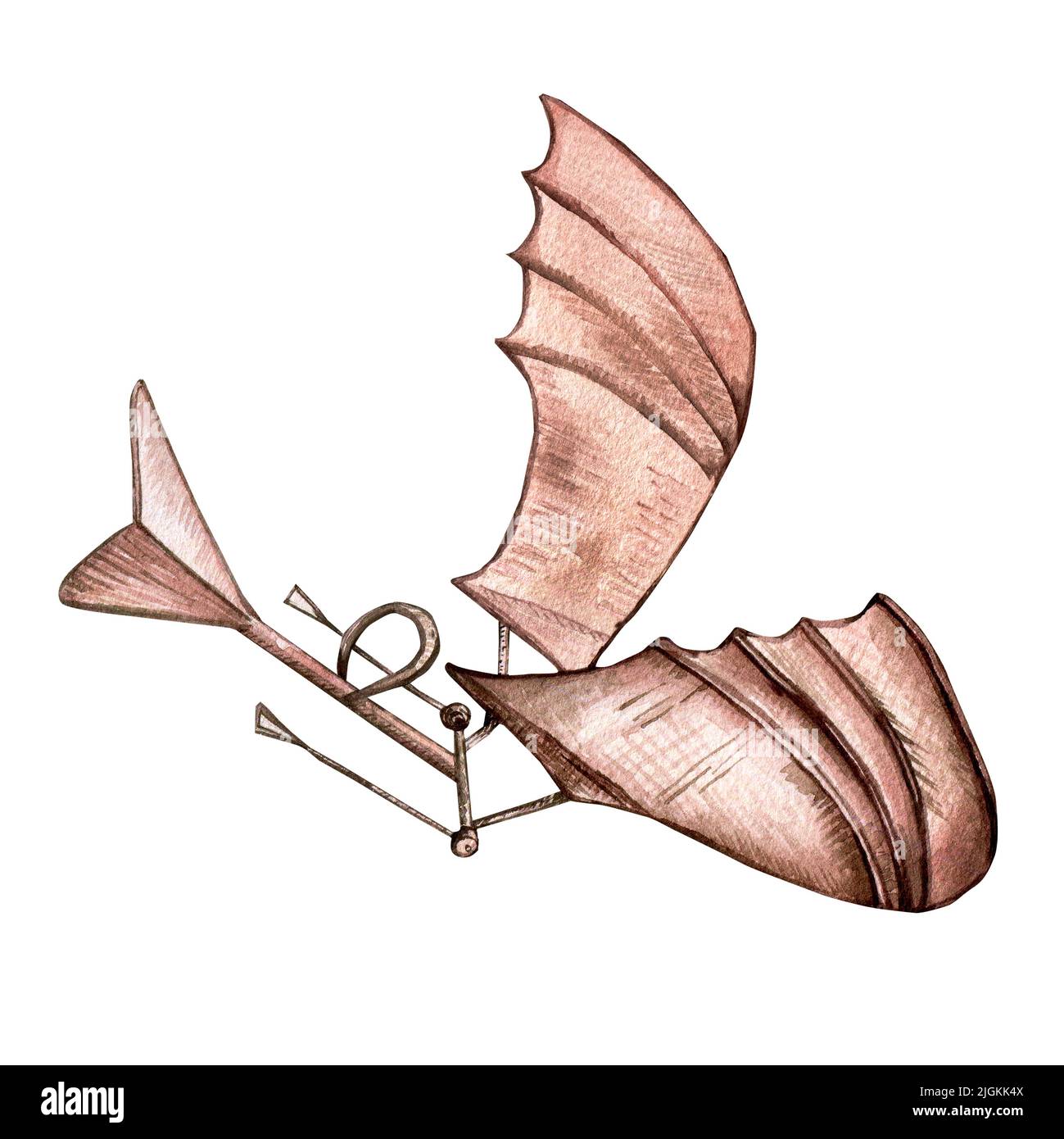 Erste Flugzeuge Vintage-Stil Aquarell Illustration isoliert. Erfindung für den Flug in den Himmel Retro-Farbe handbemalt. Kindliches Designelement für g Stockfoto