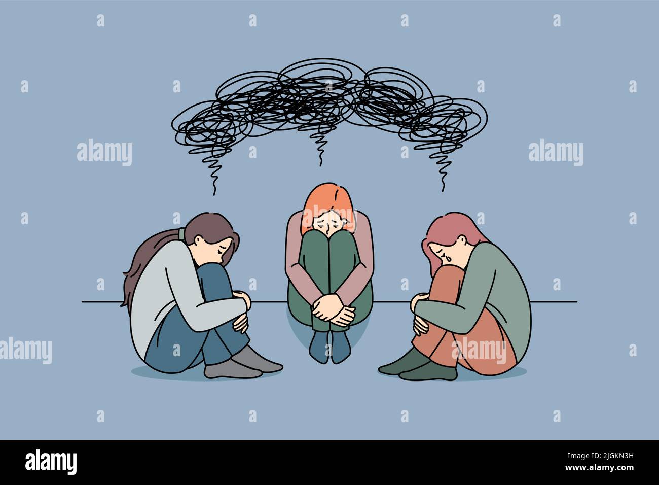 Unglückliche Frauen fühlen sich gestresst traurig leiden an psychischen oder psychischen Problemen. Verärgerte verzweifelte Mädchen, die mit Depressionen kämpfen, brauchen Psychotherapie oder Beratung. Vektorgrafik. Stock Vektor