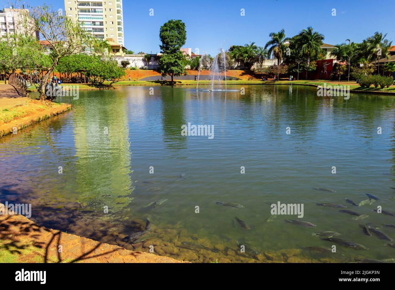 Anápolis, Goiás, Brasilien – 10. Juli 2022: Eine der Landschaften des Ipiranga Environmental Park in der Stadt Anápolis mit einem schönen See. Stockfoto