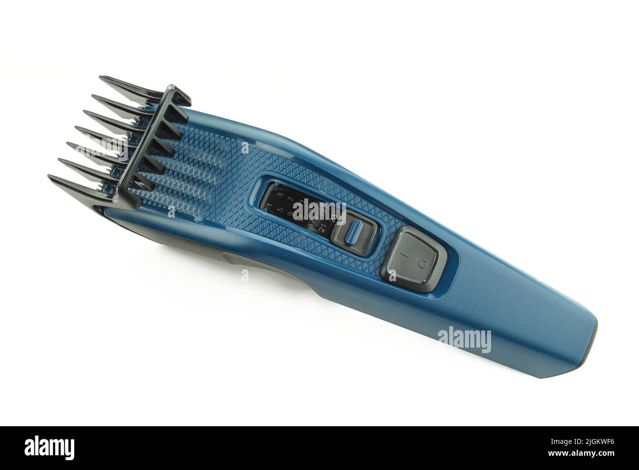 Blaue elektrische Haarschneider isoliert auf weißem Hintergrund Stockfoto