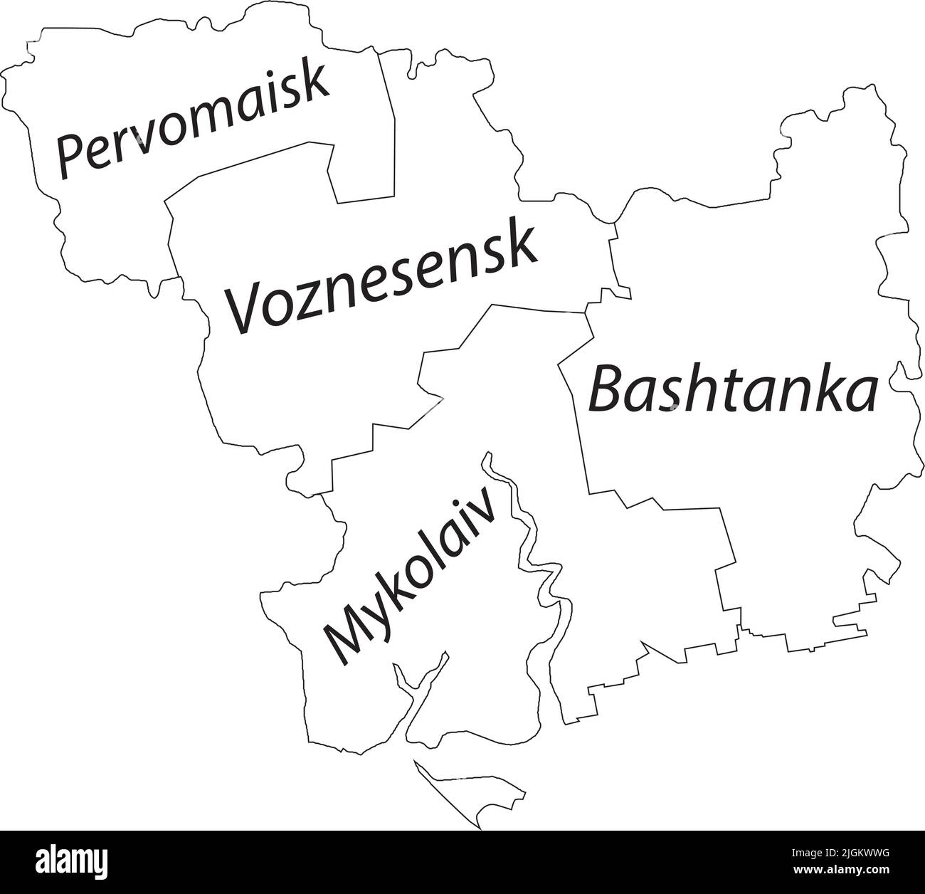Weiß getaggte Karte von Raionen des GEBIETS MYKOLAIV, UKRAINE Stock Vektor
